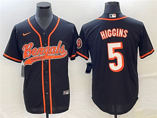 Cincinnati Bengals #5 Tee Higgins Black With Patch Cool Base Stitched Baseball Jersey